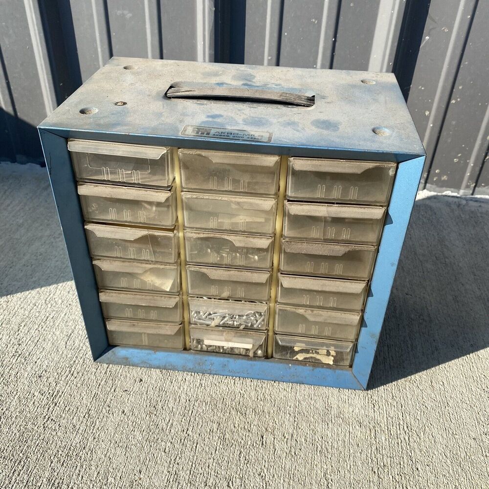 VINTAGE AKRO-MILS Blue Metal 18 DRAWER STORAGE ORGANIZER CABINET